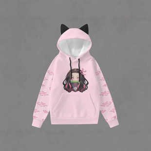 跨境热卖款鬼灭之刃耳朵款3d印花卫衣男女套头连帽衫儿童成人