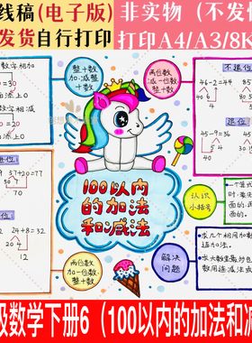 数学一年级下册六单元100以内的加法和减法手抄报思维导图模板A4
