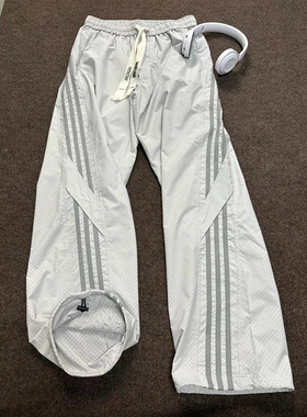 APPLE 打孔透气灰色速干三条杠拼接运动裤薄款美式运动阔腿休闲裤