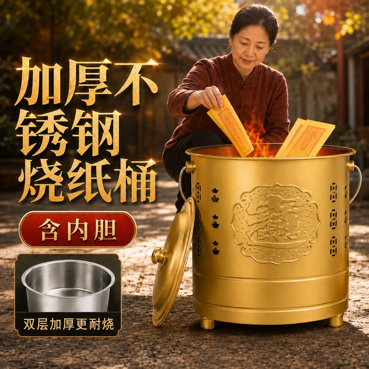 不锈钢加厚含内胆烧纸桶图片