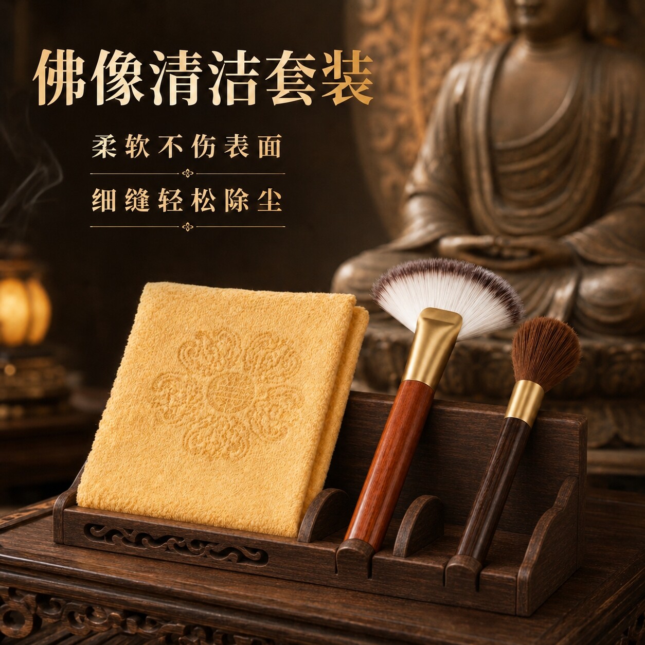 佛像清理工具套装家用实木扇面佛尘扫软毛刷净佛布佛龛清洁用品