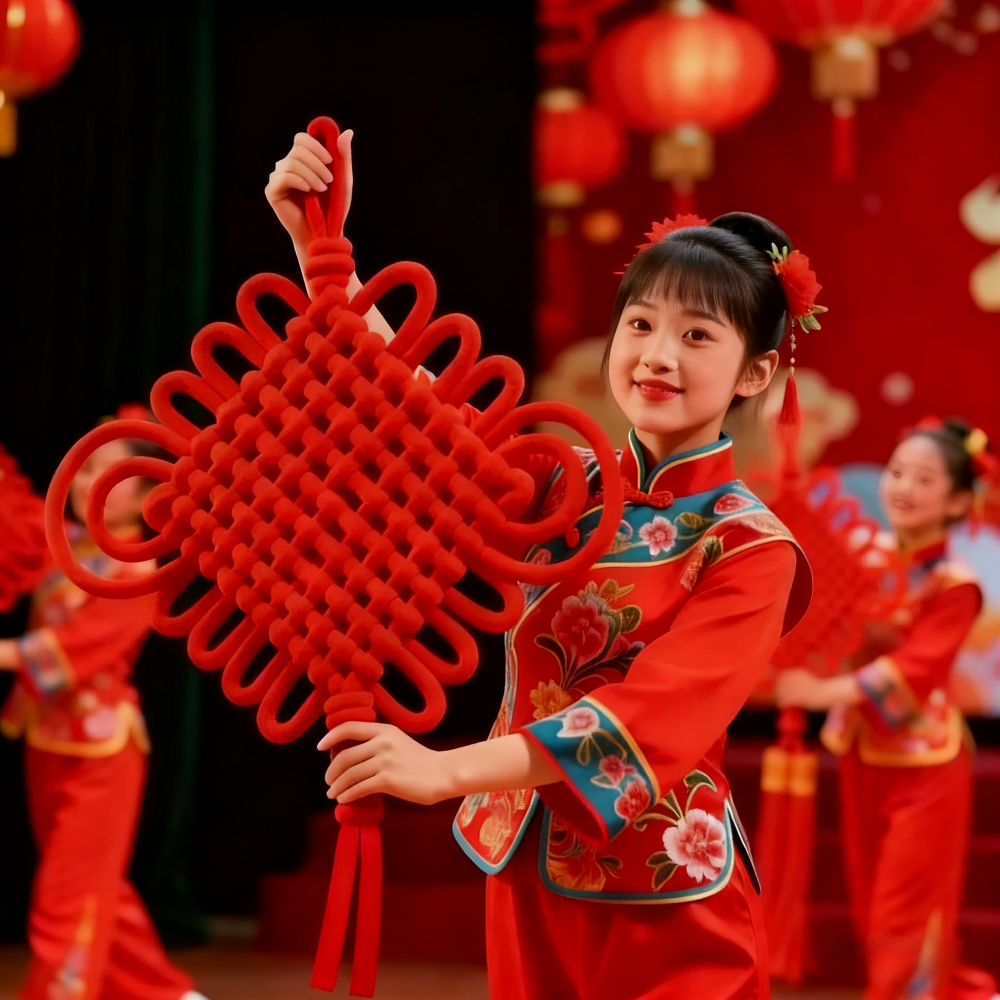 成人幼儿园小学校儿童演出红红的中国结舞台表演舞蹈道具跳舞福字