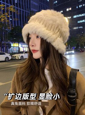 真兔毛针织帽子女秋冬新款大头围护耳毛线帽宽松加厚保暖渔夫盆帽