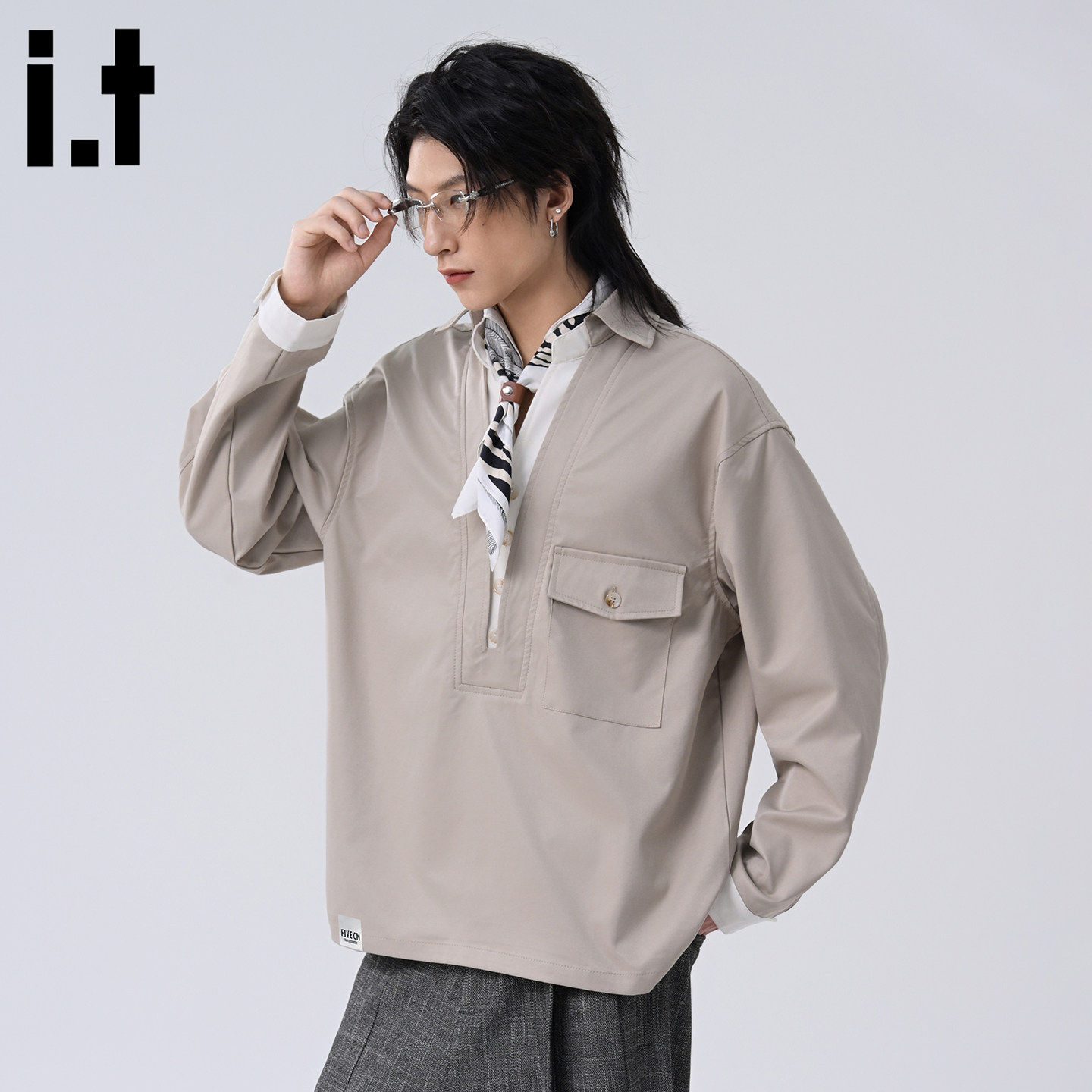 New Bcfauae NB拼接假两件翻领男士衬衫秋季长袖宽松男款上衣