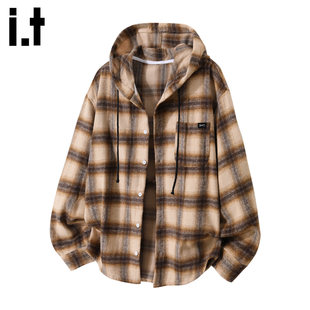 New Bcfauae NB连帽长袖衬衫男款秋冬季复古格子开衫休闲上衣