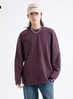 New Bcfauae NB紫色潮流破洞长袖圆领T恤男款新款秋宽松上衣