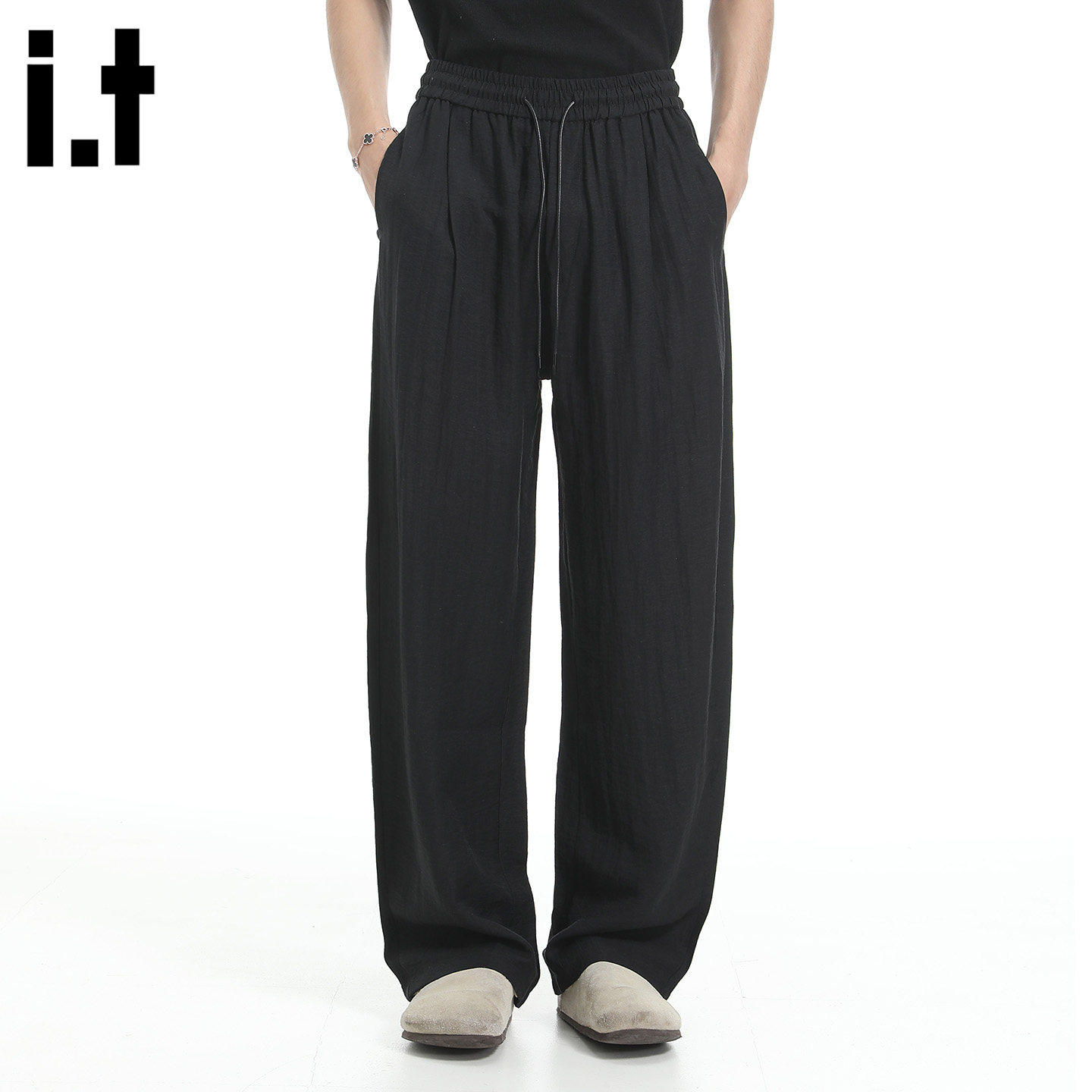 New Bcfauae NB黑色薄款麻料直筒裤男女款夏季窄版阔腿裤长裤