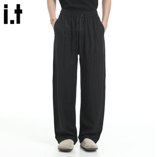 New Bcfauae NB黑色薄款麻料直筒裤男女款夏季窄版阔腿裤长裤