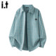 New 潮牌外套日系少年休闲衬衣 高级感蓝色格子衬衫 Bcfauae NB美式