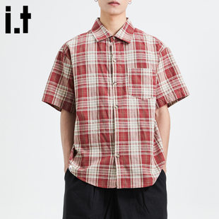 New Bcfauae NB美式红色格子短袖衬衫男款夏季薄款高级感上衣