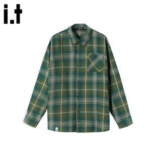 New Bcfauae NB绿色格子长袖衬衫男款新款秋季宽松高级感上衣
