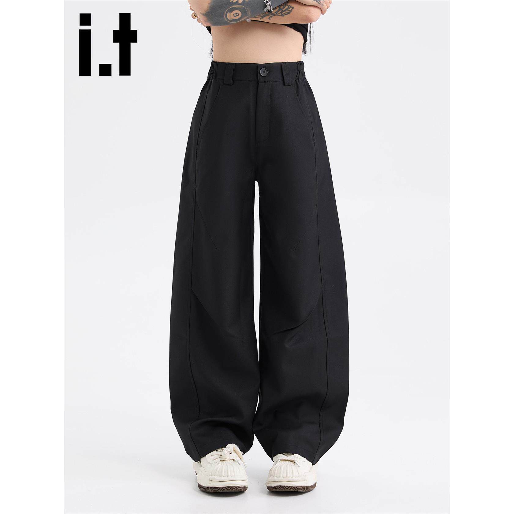 New Bcfauae NB黑色褶皱设计休闲西裤宽松西装裤男女夏秋长裤