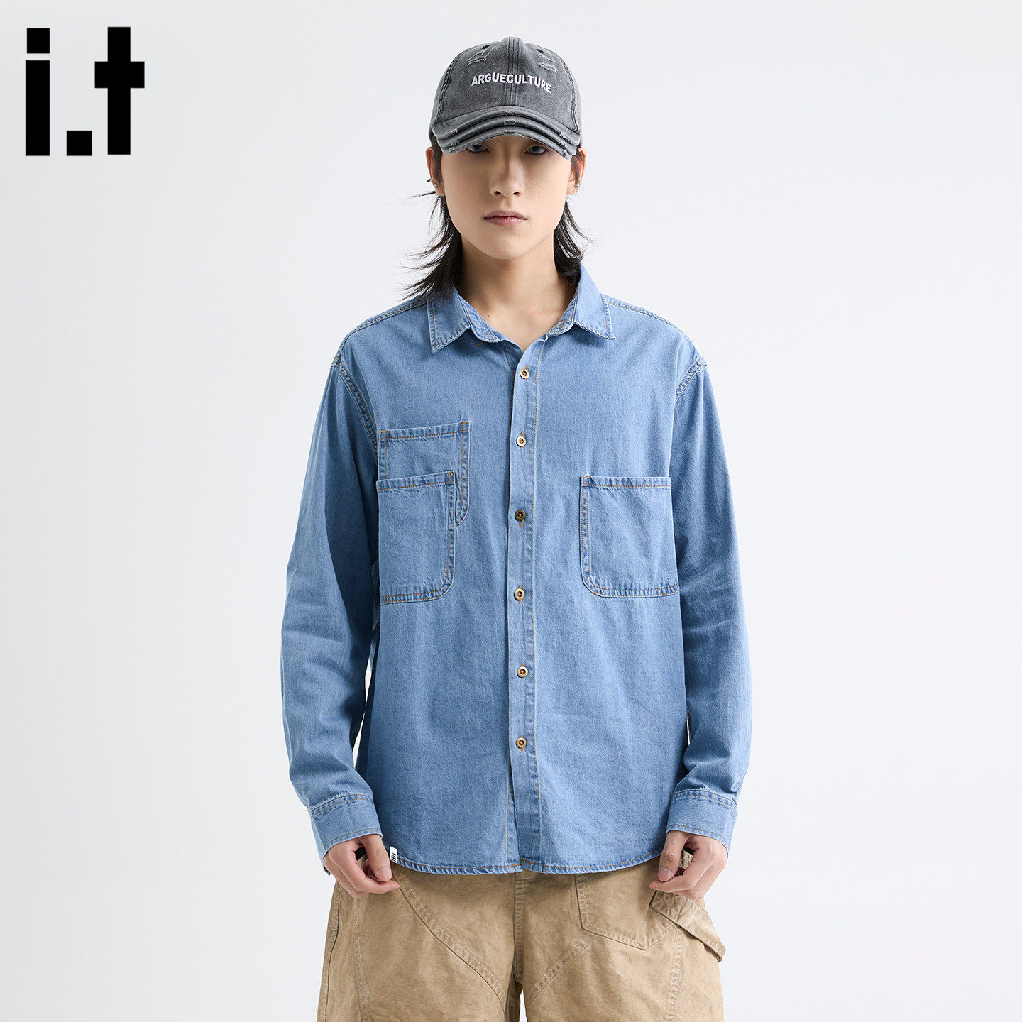 New Bcfauae NB高级感长袖水洗蓝色牛仔衬衫男款秋季宽松上衣