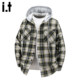 春秋款 New 外套 男港风潮牌长袖 衬衫 Bcfauae NB青少年格子连帽衬衫