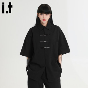 New Bcfauae NB男女同款黑色短袖衬衫新款宽松衬衫设计感上衣