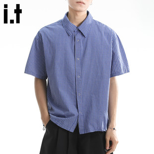 New Bcfauae NB美式蓝色格子短袖衬衫男款夏季薄款高级感上衣