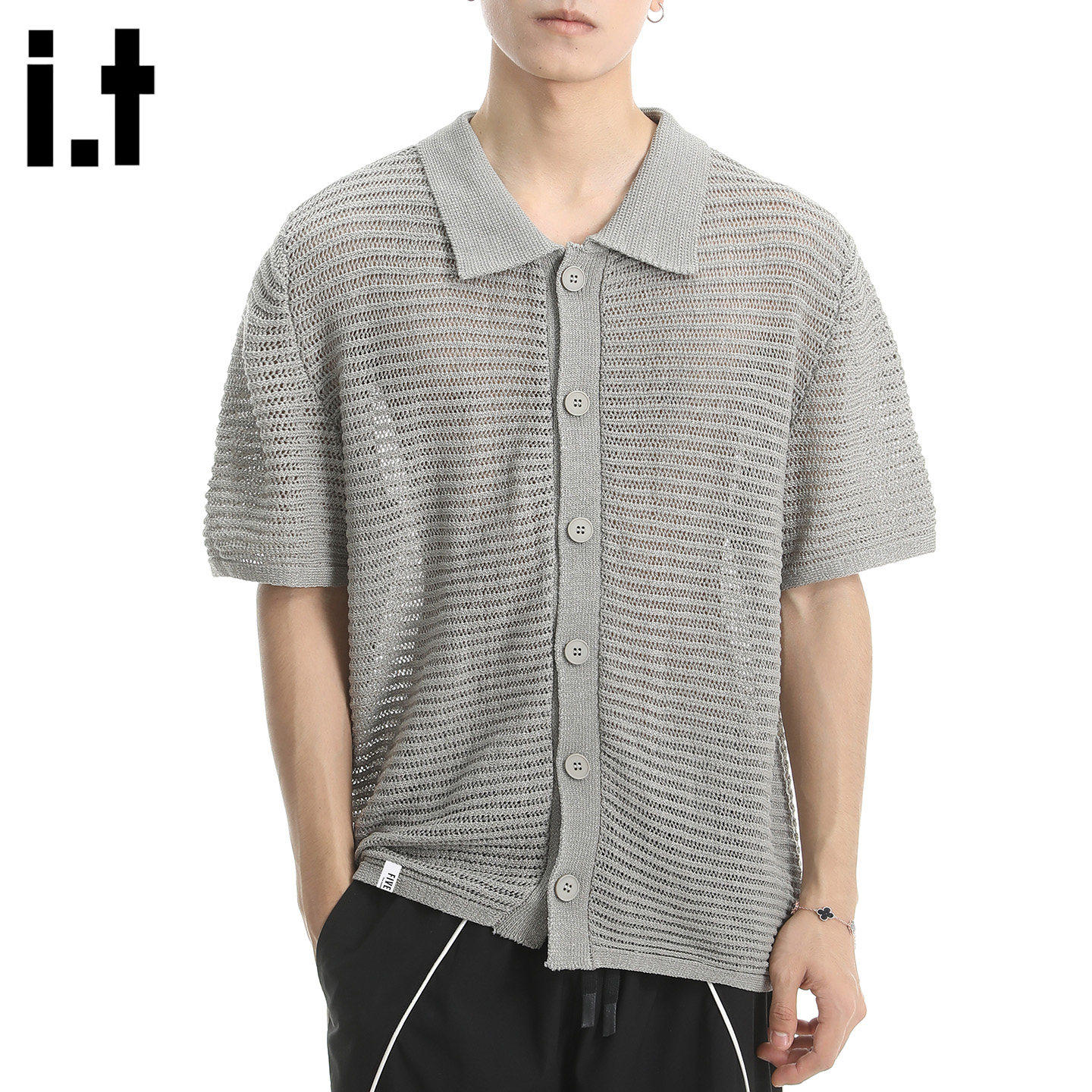 New Bcfauae NB灰色薄款镂空透视针织衬衫男款夏季高级感上衣