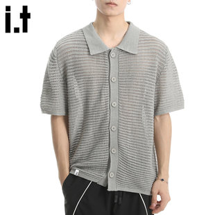 New Bcfauae NB灰色薄款镂空透视针织衬衫男款夏季高级感上衣