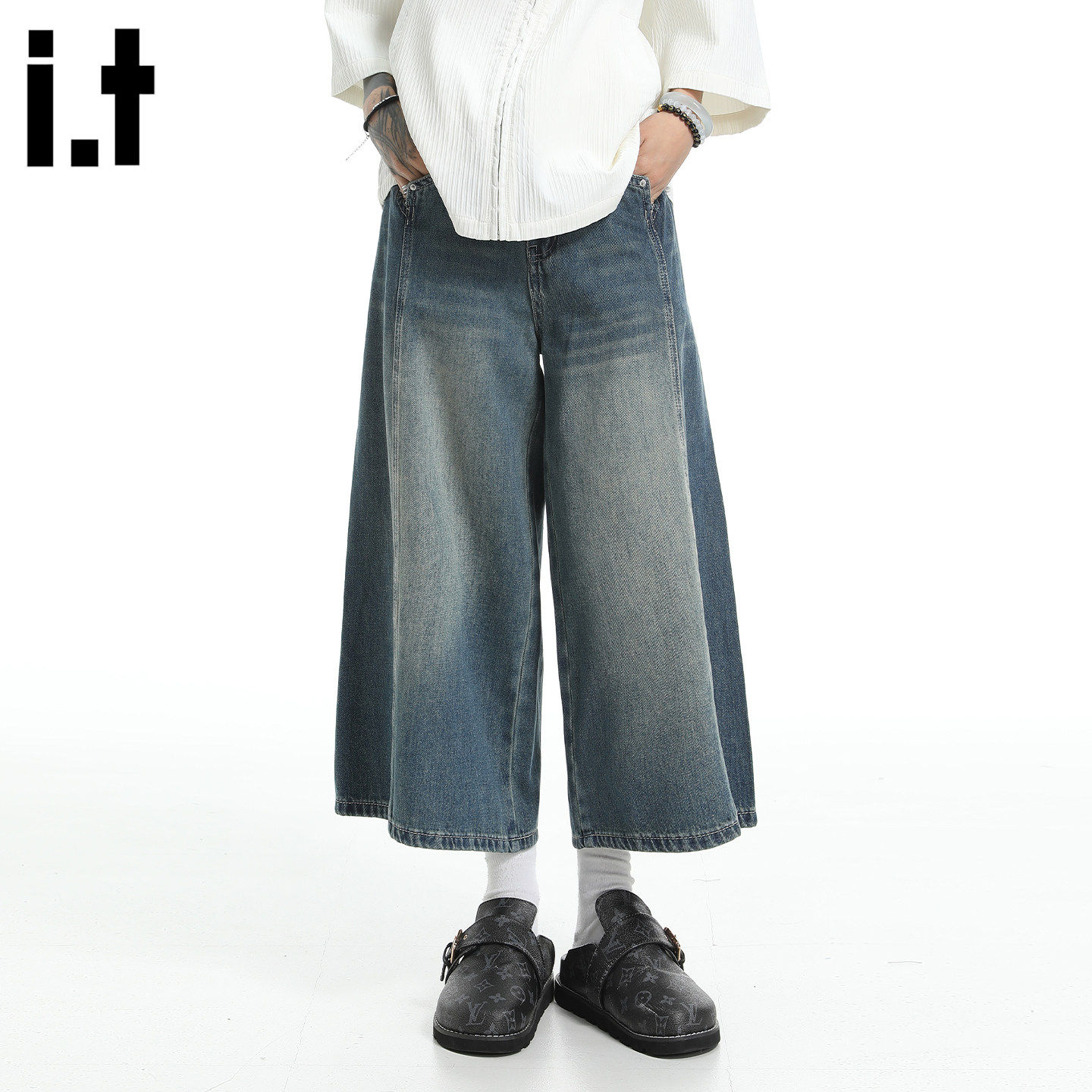 New Bcfauae NB夏季潮流七分水洗牛仔裤男女直筒宽松阔腿八分裤