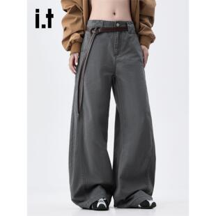 New Bcfauae NB时尚纯棉灰色宽松弯刀裤男女春秋工装阔腿长裤