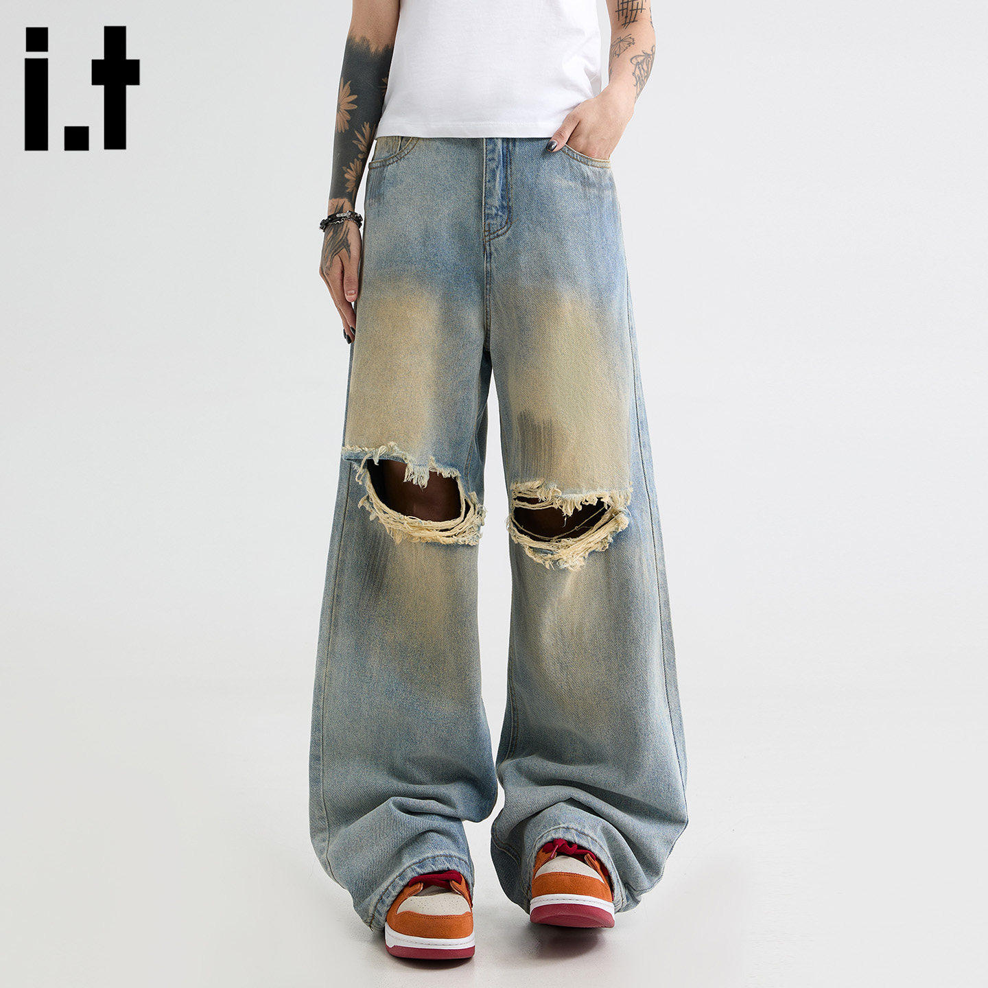 New Bcfauae NB做旧乞丐风破洞阔腿牛仔裤男女夏季高级感长裤