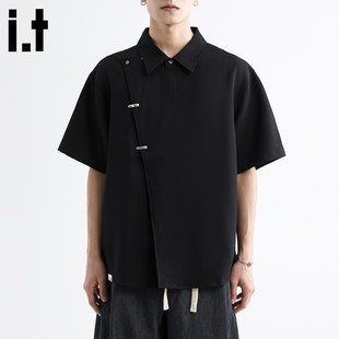 New Bcfauae NB黑色斜门襟设计感新中式短袖衬衫男女夏季上衣