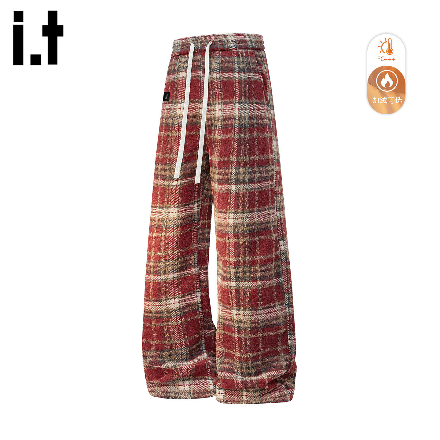 New Bcfauae NB红色格子毛呢加绒休闲裤男女冬季宽松直筒长裤