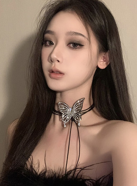 万圣节黑色蝴蝶锆石颈带小众设计项链女choker项圈气质百搭锁骨链