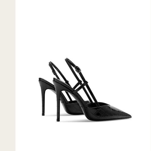 一字扣后绊带尖头高跟凉鞋女款2025新款石头纹性感包头黑色细跟鞋