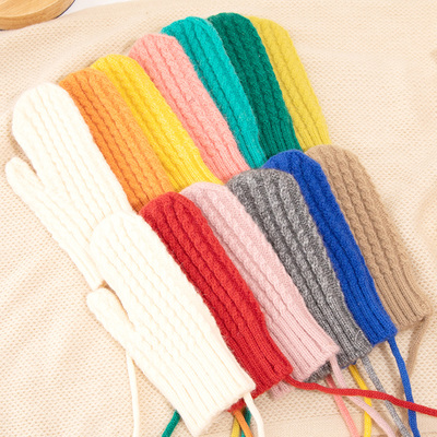 HCZM儿童手套针织毛线纯色可挂脖