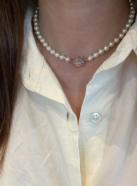 土星彩色搪瓷扣珍珠项链珐琅磁扣吊坠甜酷风小众磁吸锁骨链