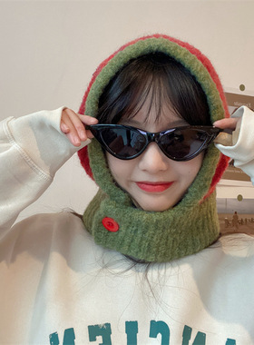 小众ins网红巴拉克拉法帽冬季围脖围巾一体针织毛线帽保暖套头帽