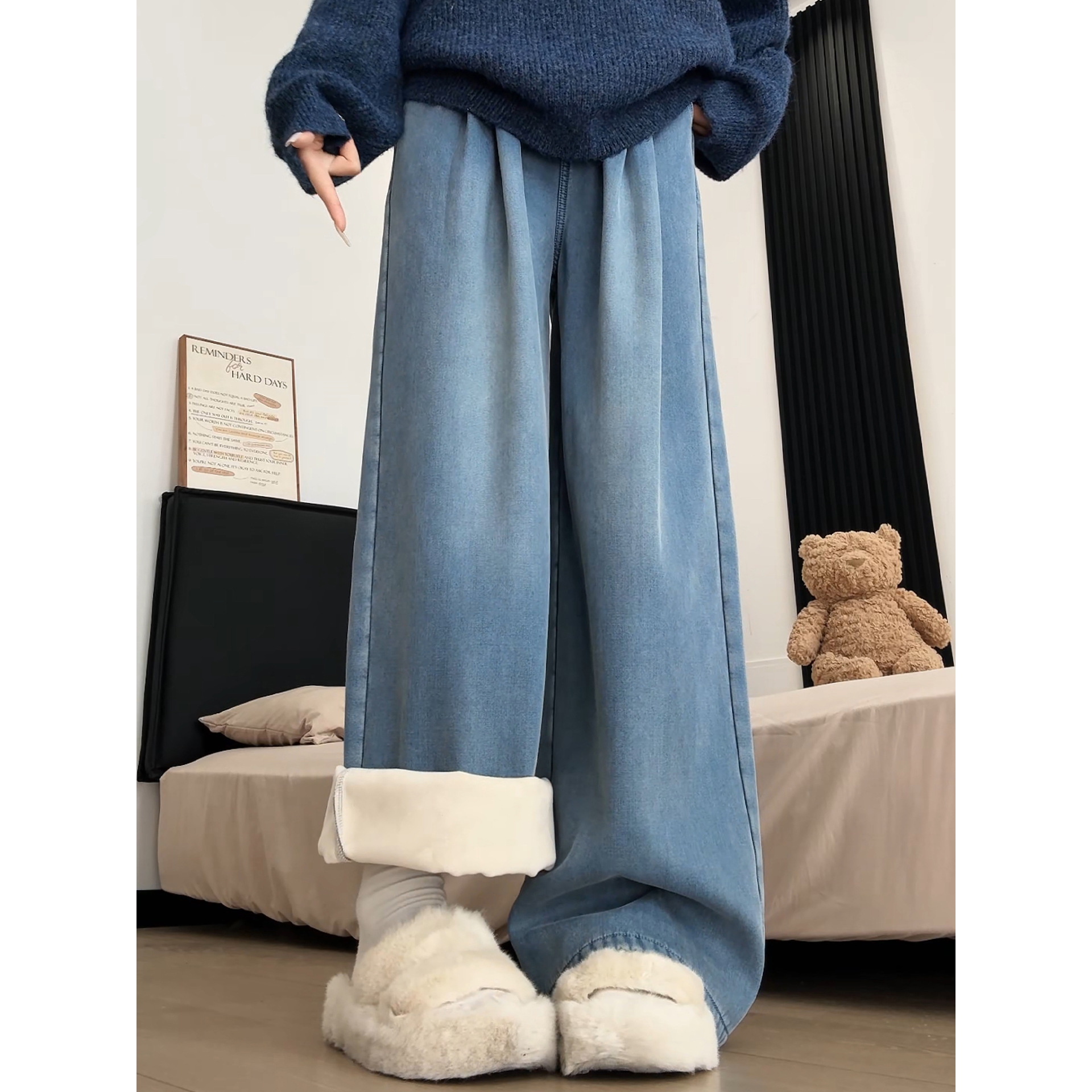 加绒牛仔裤子女2025新款秋冬小个子松紧腰直筒宽松垂感窄版阔腿裤