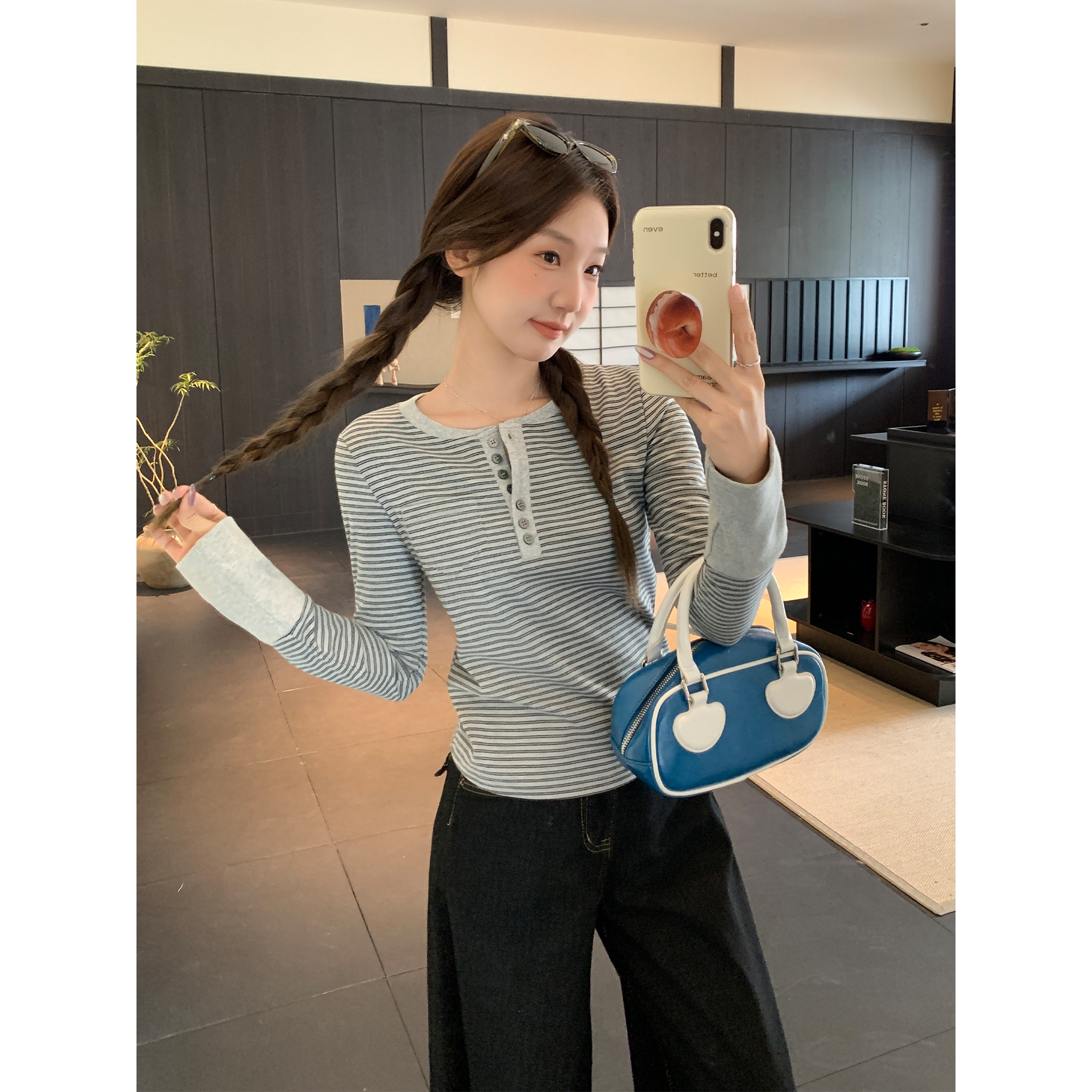 条纹撞色半开领设计感长袖T恤女2025秋季新款修身内搭打底衫上衣