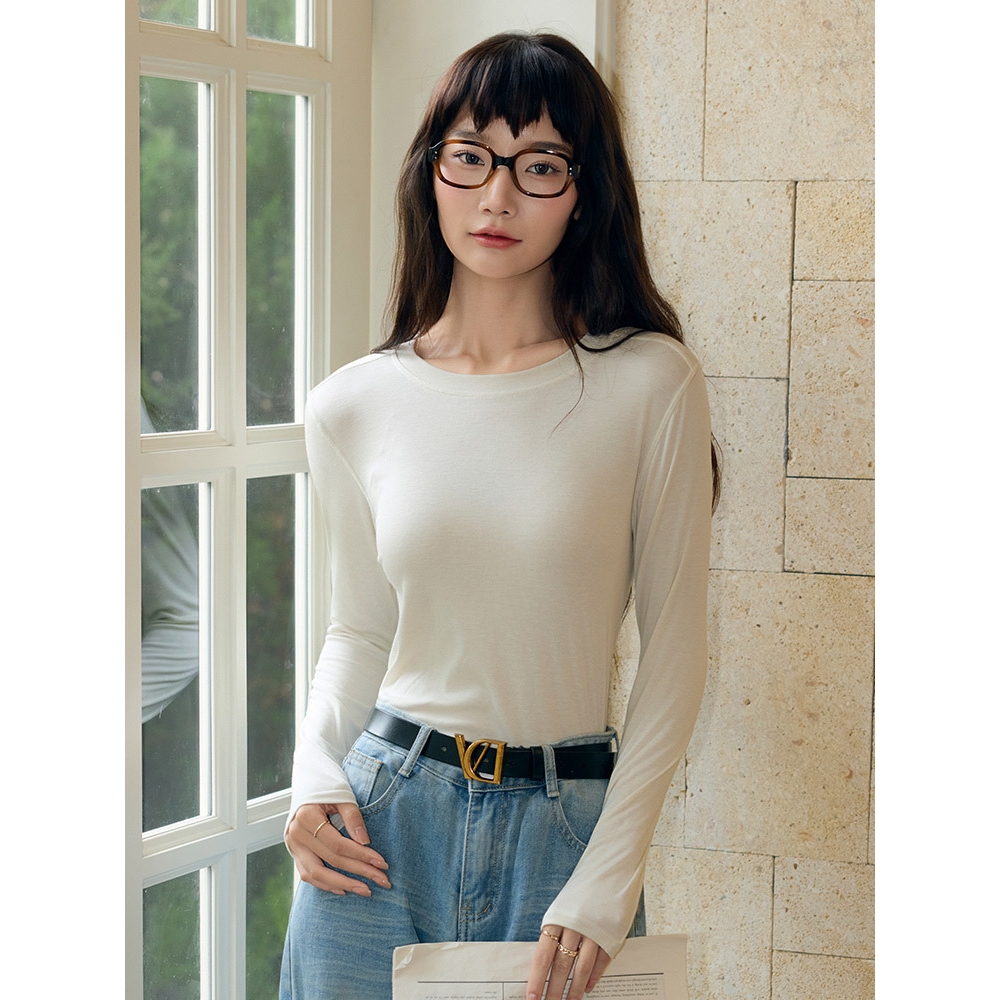 9936醋酸莱赛尔圆领打底衫女秋冬棉羊毛内搭修身显瘦长袖T恤上衣