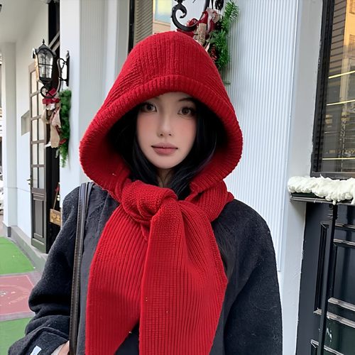 韩版红色高品质帽子围巾一体女2025冬季针织帽保暖显脸小护耳时尚