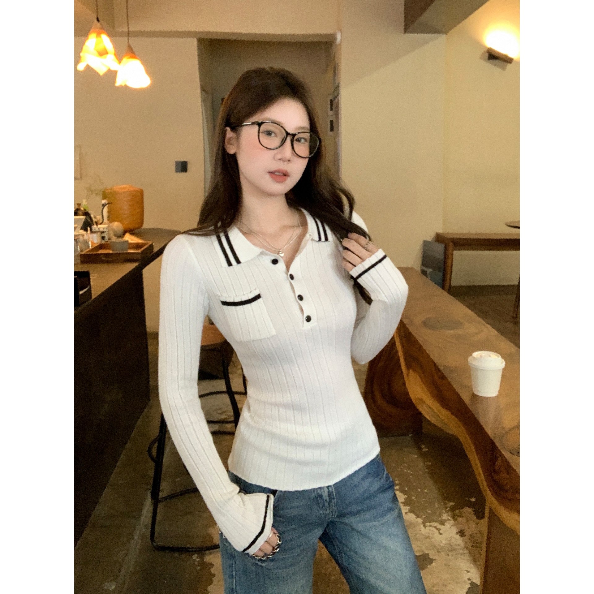 白色polo领内搭针织打底衫女2025年秋季新款气质修身显瘦长袖上衣