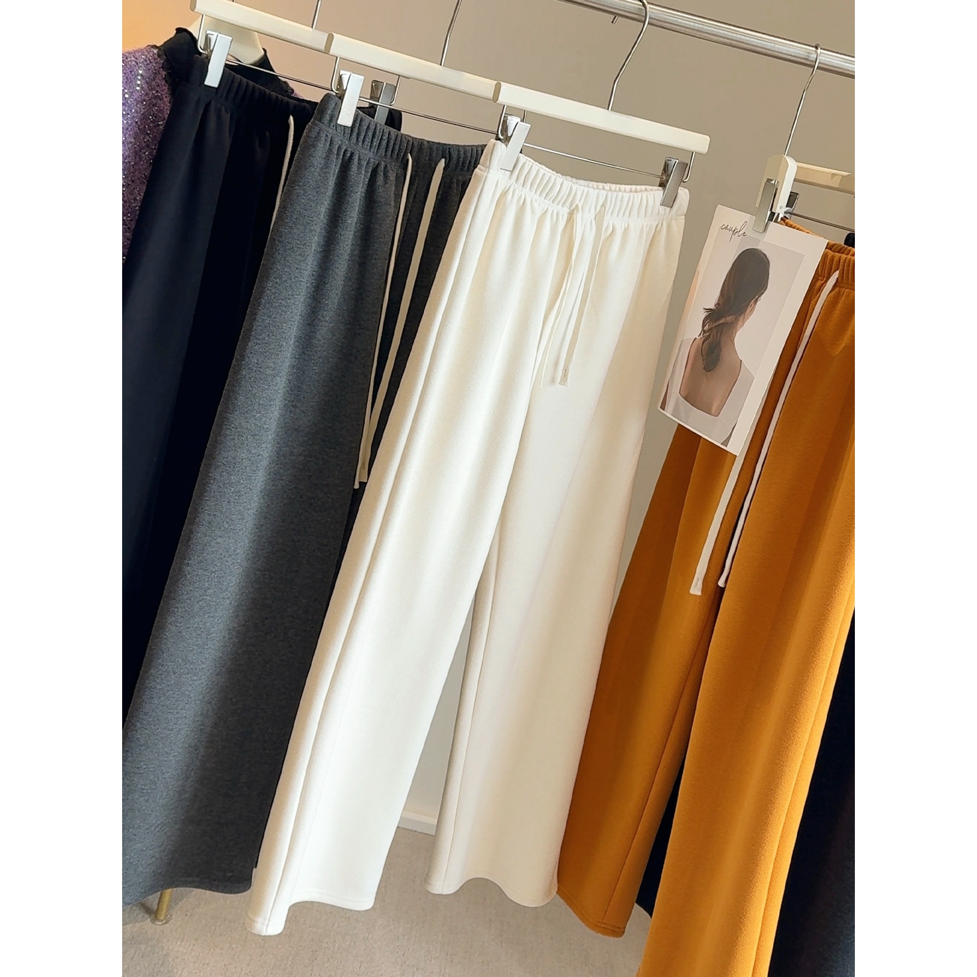 仿羊绒窄版阔腿糯米裤女秋冬新款加绒加厚高腰直筒抽绳垂感休闲裤