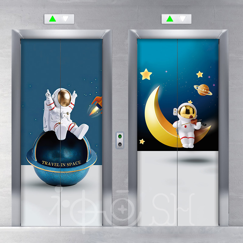 卡通小宇航员电梯门贴纸自粘电梯内壁装饰画可定制电梯翻新贴太空图片
