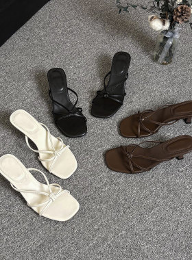 法式方头细跟露趾凉鞋女2026夏季外穿一脚蹬仙女风高跟凉拖配裙子