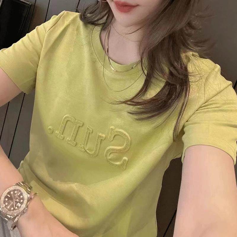 时尚字母印花纯棉圆领2025夏季新款修身显瘦T恤韩版休闲女士上衣