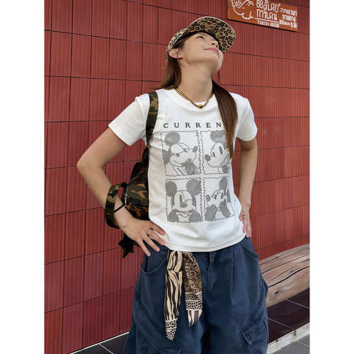 复古素描卡通米奇邮票短袖ins潮酷显瘦圆领休闲百搭白T恤打底衫