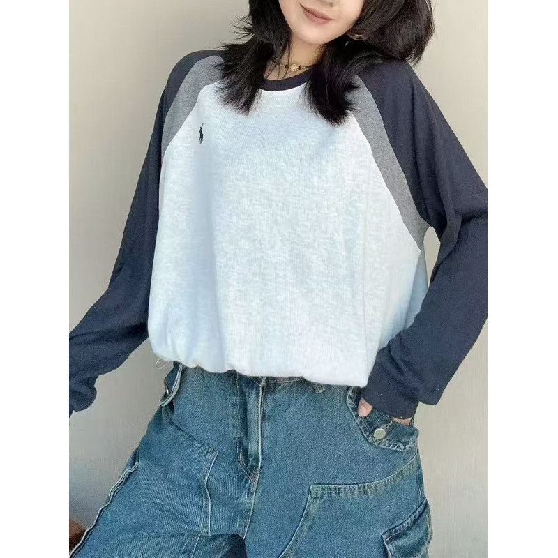 韩版复古刺绣秋季插肩袖T恤女长袖宽松大版百搭撞色打底衫上衣潮