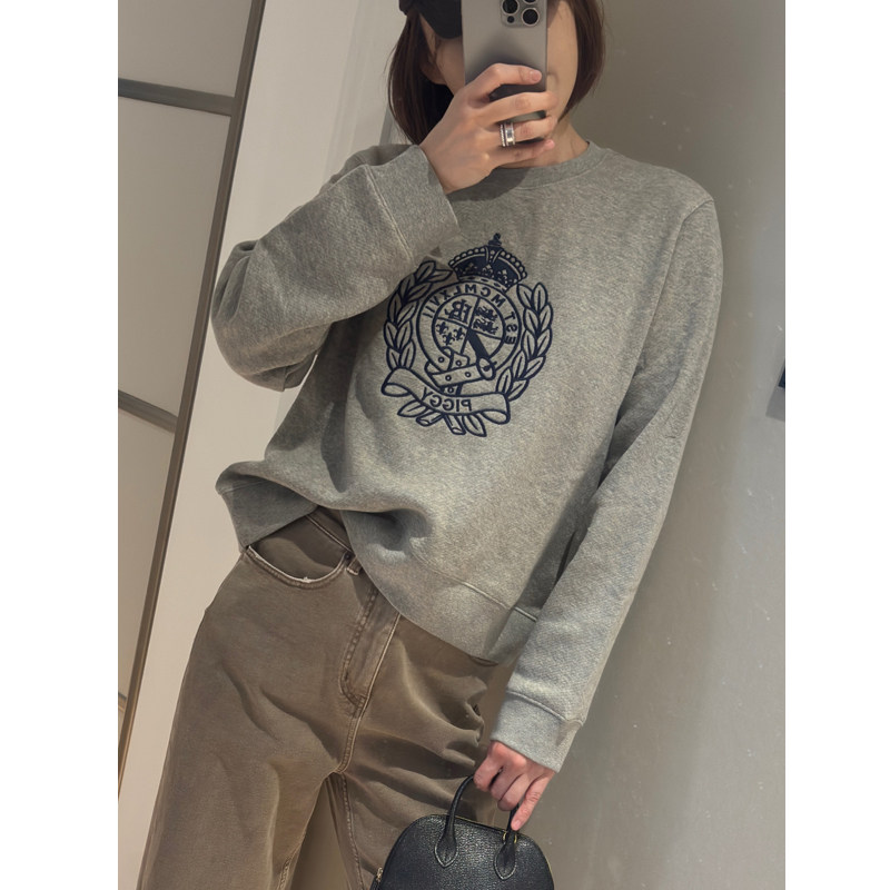 25深秋美式复古小众重工刺绣piggy薄拉绒圆领套头灰卫衣