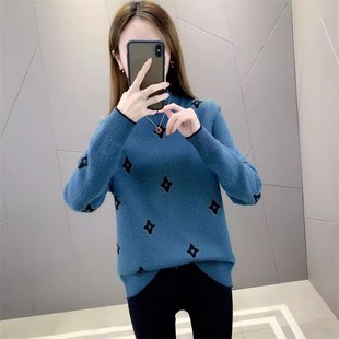 毛衣女软糯加厚洋气针织打底衫 秋冬复古拼色提花半高领羊毛衫 上衣