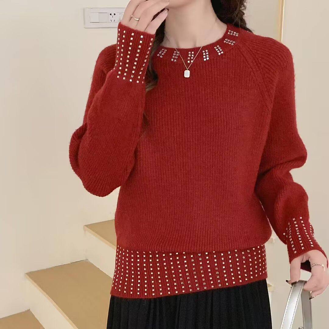 本命年红色重工烫钻圆领毛衣上衣女装秋冬新年洋气设计针织打底衫,女装/女士精品,毛衣,淘宝优惠券,粉丝福利购,淘宝优惠卷