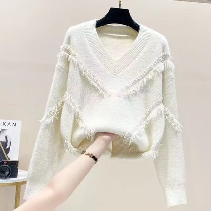 浣熊绒软糯流苏V领毛衣针织衫女秋冬韩版慵懒风洋气百搭打底上衣