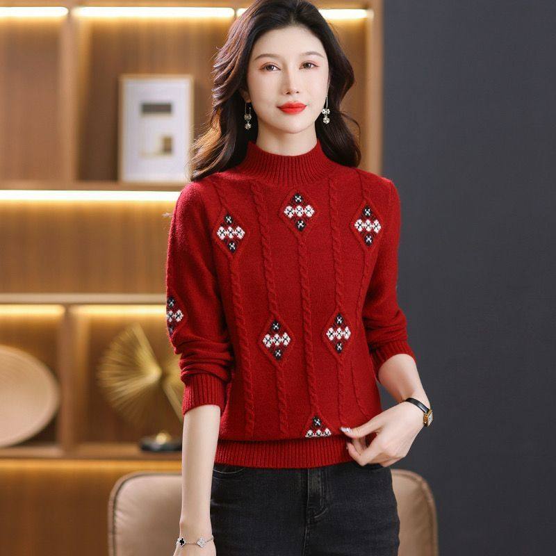 中国风复古菱形提花半高领羊毛衫女秋冬新年红色本命年毛衣针织衫,女装/女士精品,毛衣,淘宝优惠券,粉丝福利购,淘宝优惠卷
