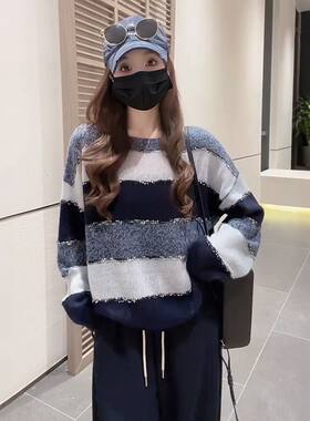 森系穿搭慵懒风复古亮丝条纹毛衣