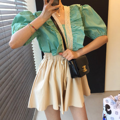 Agaric edge Plaid Top + high waist casual trouser skirt